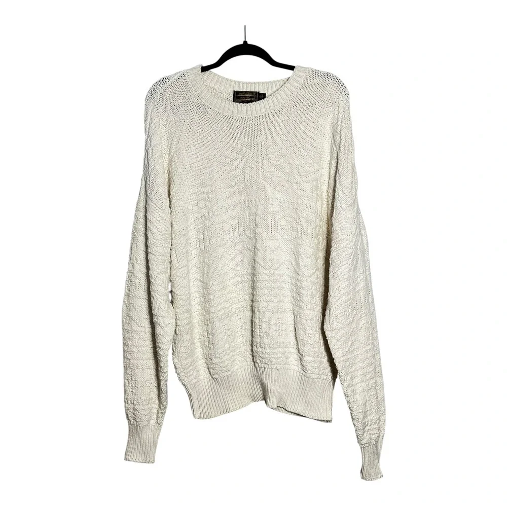 Eddie Bauer Mens Size L Cream Textured Knit Cotton Crew Neck Sweater Made in USA - Picture 7 of 7